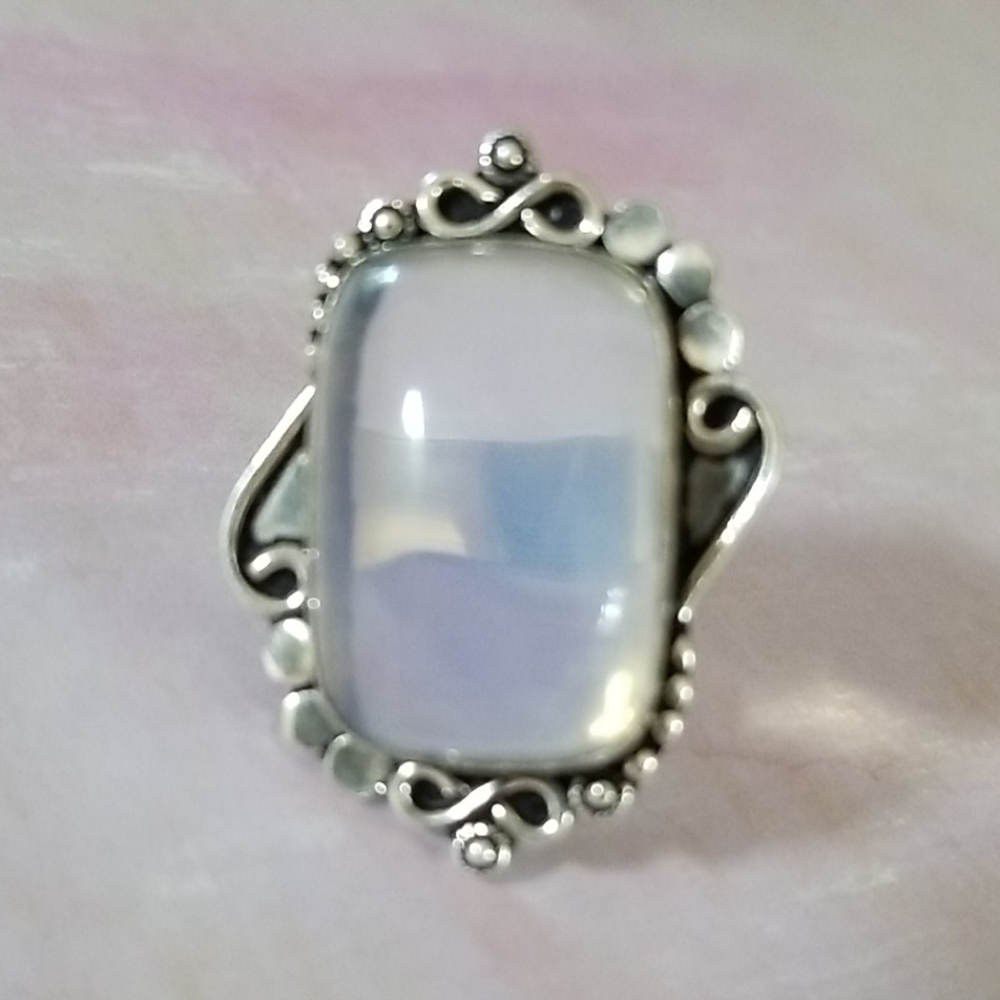 Hand Crafted Milky Opal .925 Sterling Silver Statement Ring SZ 8 3/4 - Picture 12 of 16